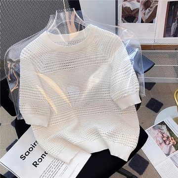 小禾元紗！洋氣挑孔鏤空短款上衣超細有機棉圓領短袖針織衫女夏季