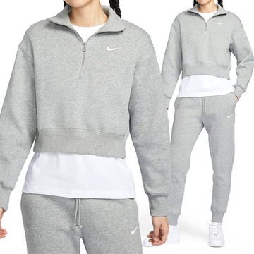 Nike PHNX FLC QZ Crop 女款 灰色 寬鬆 半拉鍊 短版 小勾 刺繡 上衣 長袖 DQ5768-063