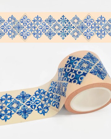 Gold foil blue Mediterranean tiles extra long washi tape