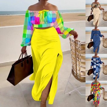 2025新款女裝亞馬遜速賣通歐美爆款一字肩上衣開叉連衣裙兩件套裝