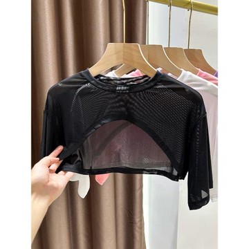 坎肩網紗短袖罩衫女配吊帶裙夏季性感短款外搭小披肩涼感圓領上衣