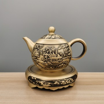 開運小物🙏🏻已過爐開光 山水茶壺 開運擺件 步步高陞 唐騰銅藝純黃銅拉絲茶壺山水壺龍鳳壺辦公室 家居工藝品 茶壺擺件