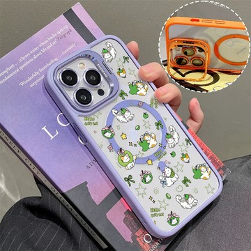 青蘋果貓咪 磁吸手機殼 金屬鏡頭支架 保護殼 適用於iPhone 17 16 15 14 13 12 11 Max防摔殼
