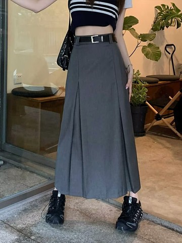 💕甜心大尺碼💕M-5XL 大尺碼灰色西裝裙夏季新款高腰a字半身裙女百褶長裙小眾遮胯直筒裙
