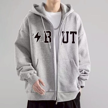 潮流連帽刷毛印花外套 潮ins寬鬆刷毛款男港風青年連帽上衣 印花秋冬外套 加絨款 （SKS09)【壹號站】