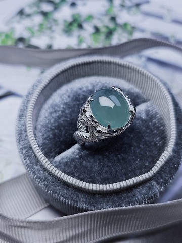 財水|男設計款龍戒|A貨翡翠高冰玻深晴藍大蛋面純銀簍空男戒指