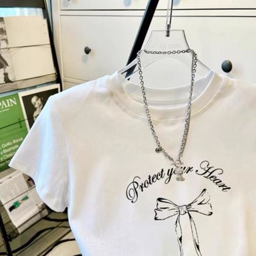 2024夏季新款純棉白色正肩短袖T恤女短款修身顯瘦蝴蝶印花上衣潮