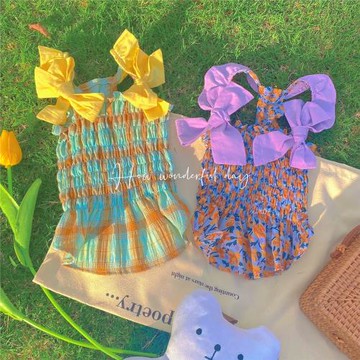 袋袋貓 ins甜美大蝴蝶結薄款裙子 春夏馬爾濟斯背心可愛花衣服