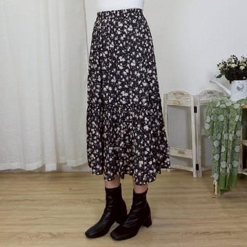 花木馬日系女裝鬆緊腰層次碎花氣質長裙