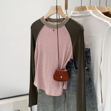 suseyiku 歐貨粉色撞色插肩袖女2023秋親膚貼身顯瘦內搭打底衫