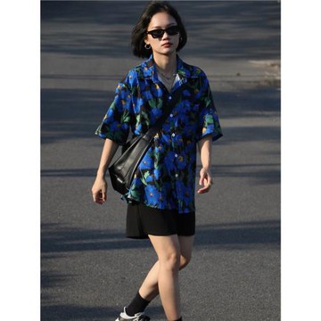 BUBU 復古港味油畫印花短袖襯衫設計感小眾男友風夏威夷碎花襯衣