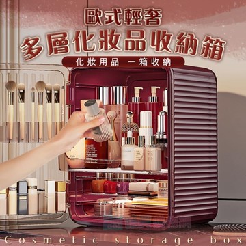 歐式輕奢多層化妝品收納箱 桌面收納 防塵收納 瓶罐收納 收納盒 整理箱 收納櫃 置物箱