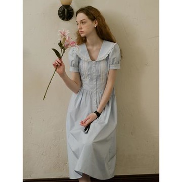 ISISLOVE法式娃娃領連衣裙小個子溫柔風藍色小清新初戀裙子女夏季