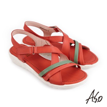 A.S.O 機能休閒 厚底美學撞色條帶魔鬼氈休閒涼鞋-紅