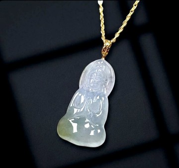 冰種飄花翡翠觀音菩薩項鍊 18K金墜頭 | 天然緬甸玉A貨 | 送禮