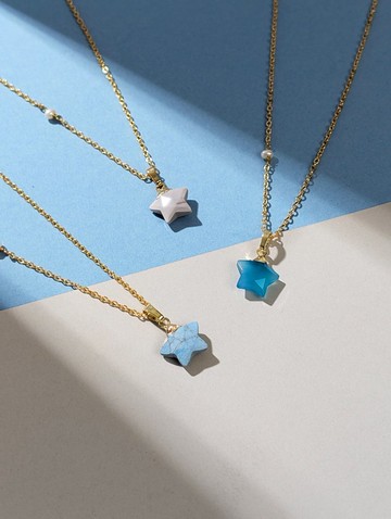 天然石 星星項鍊 / 月光石 瑪瑙染藍 白紋石染藍 灰碧玉 珍珠