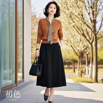 初色 簡約純色V領領結收腰長袖針織衫+素色百褶半身裙套裝-咖衣黑裙-15544(F可選)