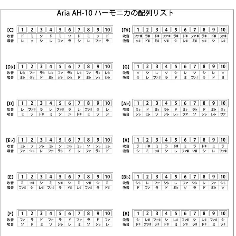 アリア 10ホールズハーモニカ　ブルースハープ 12キー セット　ARIA AH-10 12key SET 10Holes Harmonica