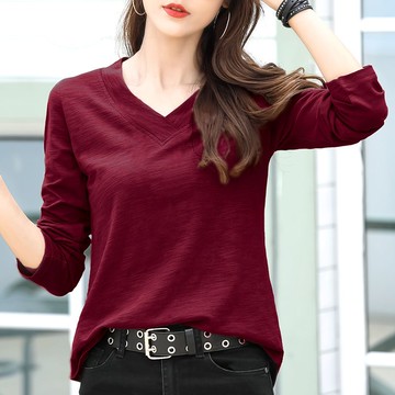 寬松長袖t恤打底衫v領上衣女裝純色時尚百搭春秋新款【聚宝屋】