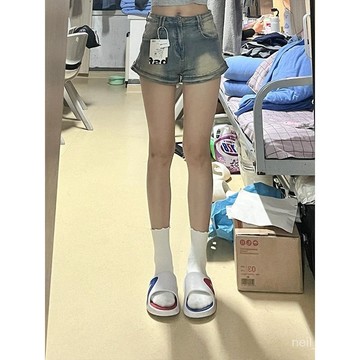 P3-[限時特賣] 牛仔短褲 短褲女 女生短褲 高腰短褲 復古水洗做舊牛仔短褲女高腰顯瘦辣妹a字闊腿熱褲子潮