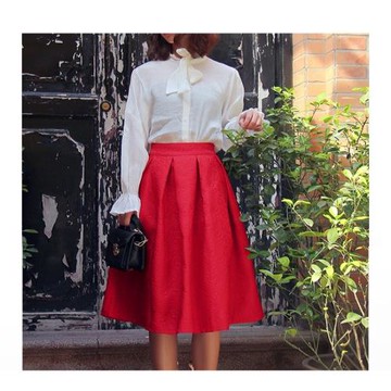 春秋新款女提花印花百褶蓬蓬中長過膝半身裙A字赫本高腰傘裙紅色