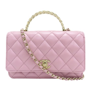 【二手名牌BRAND OFF】CHANEL 香奈兒 粉色 菱格紋 小羊皮 鍊帶 WOC 兩用包