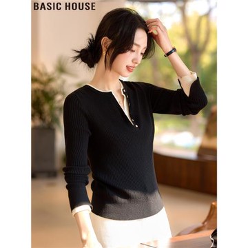 Basic House/百家好氣質內搭黑色假兩件V領羊毛針織打底衫女秋冬