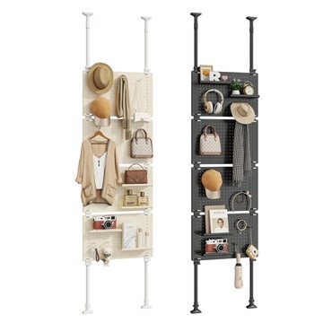 【慢慢家居】免打孔頂天立地洞洞板置物架-57面寬 贈掛勾x20+置物盤x4 (鐵製 屏風 衣帽架)頂天立地洞洞板-57cm(柔奶白)