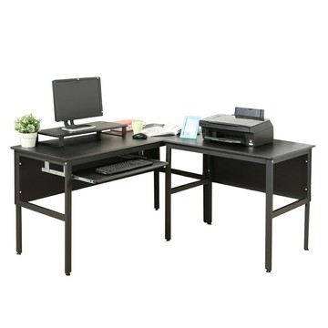 《DFhouse》頂楓150+90公分大L型工作桌+1鍵盤+桌上架-黑橡木色