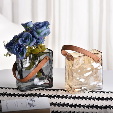 éclat 北歐輕奢皮革手提包不規則玻璃花瓶/收納罐_2款任選 - 透明琥珀