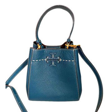 【TORY BURCH】荔枝紋皮革水桶包-藍綠