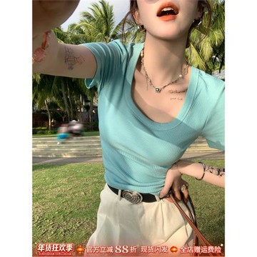 方領短袖T恤女2026春夏裝款內搭打底衫藍色低領體恤修身純棉上衣