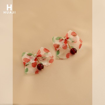 花跡蝴蝶結櫻桃耳環女夏季新款潮甜美可愛耳釘日韓復古風耳飾
