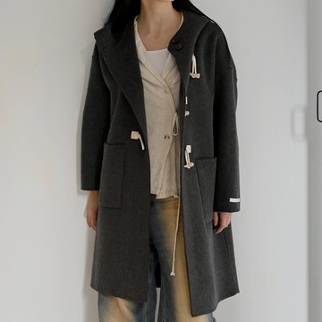 白色牛角扣-連帽長版羊毛外套大衣-灰色