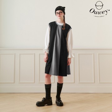 OUWEY歐薇 慵懶黑灰拼接縲縈洋裝(黑；S-L)