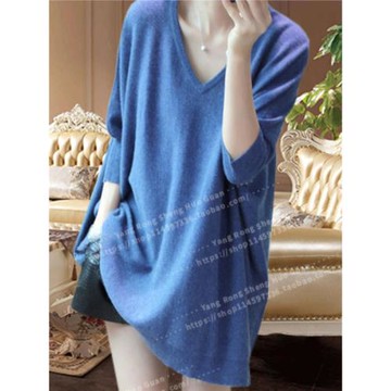 歐美秋冬新款寬松百搭時尚女v領套頭大碼毛衣中長款羊絨衫針織衫