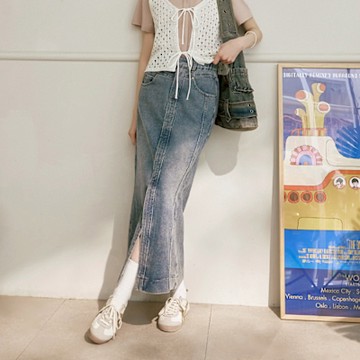 OB嚴選中大尺碼-純棉腰鬆緊前開衩牛仔裙《CA3079》