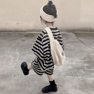 🎀biubiu童裝🎀女童夏裝新款童裝兒童條紋短袖T恤中小童休閒短褲寶寶套裝潮