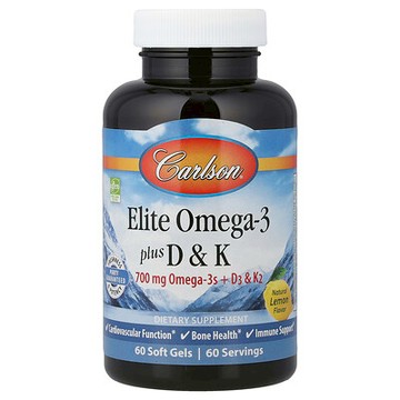 Carlson, 精選 Omega-3 魚油，含維生素 D 和 K，天然檸檬味，60 粒軟膠囊