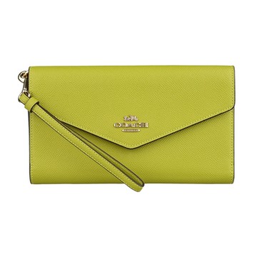 COACH Travel Envelope鍍金LOGO信封設計PVC皮革5卡釦式手拿長夾(黃綠)