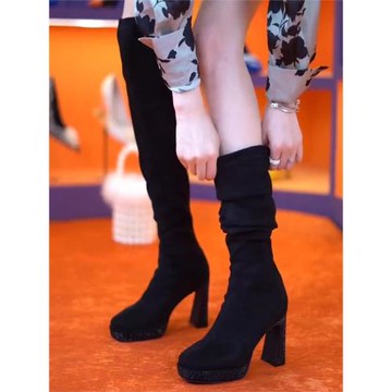 歐美設計感大長腿瘦瘦靴粗跟2026秋冬款方頭水晶跟長筒彈力靴單靴