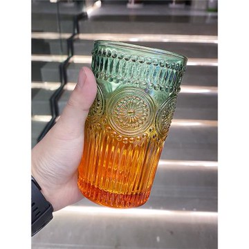 復古浮雕太陽花玻璃杯女高顏值水杯彩色家用漂亮杯子酒杯