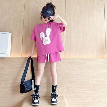 臺灣出貨 女童夏季套裝新款女孩洋氣夏季兒童運動中大童短袖時髦兩件套兒童衣服兒童短褲短袖套裝兒童體重