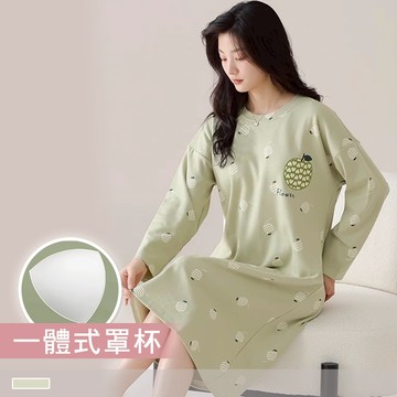 Pink Lady 青蘋心語 罩杯式 長袖睡裙 秋冬 圓領 印花 柔感 女睡衣 居家服 81234