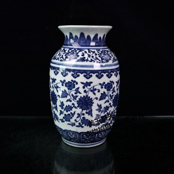 景德鎮陶瓷青花瓷冬瓜花瓶 青花纏枝蓮瓶客廳擺件家居插花裝飾品