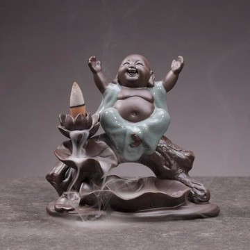 紫砂小彌勒佛倒流香爐 香道插線香塔香爐香薰爐家用陶瓷家居擺件