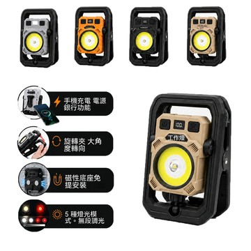 戶外萬用旋轉夾燈 防摔充電式 LED 照明燈 強力磁吸多種固定方式 五段燈光數顯電量 應急維修露營燈