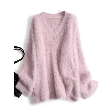 輕奢暖絨絨針織毛衣女秋冬 仿貂絨不掉毛純色V領套頭打底長袖上衣