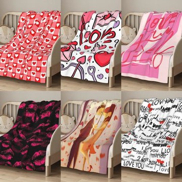 法蘭絨毛毯沙發毯情人節卡通愛心印花蓋毯裝飾毯柔軟跨境毛毯情侶