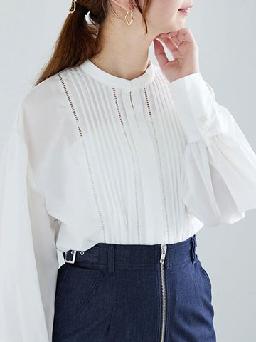 俐落線條感壓褶設計圓領襯衫(0F000570510) - Te chichi